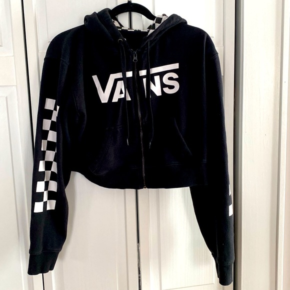 Vans Black Cropped Zip-up Hoodie with Checkerboard Sleeves & Checkerboard Hood - Picture 2 of 4